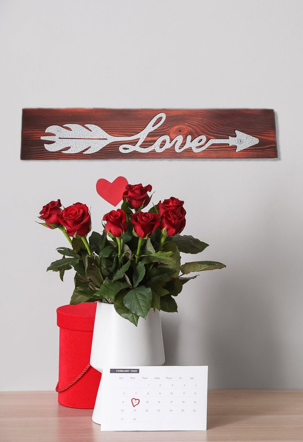 Valentines day tiered tray decor , love arrow shelf sign , metal on wood block sign